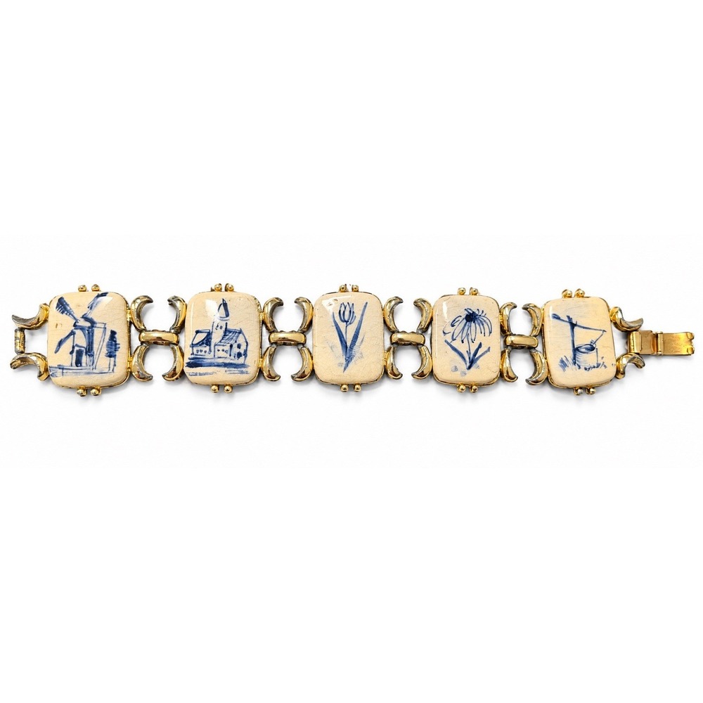 Delftware Bracelet Hand Painted Blue White Ceramic Dutch 7" Gold Tone